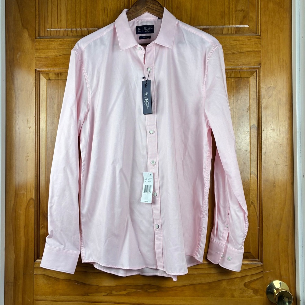 Original Penguin Mens Slim Fit Pink Dobby Long Sleeve Dress Shirt 16.5 34/35 NWT